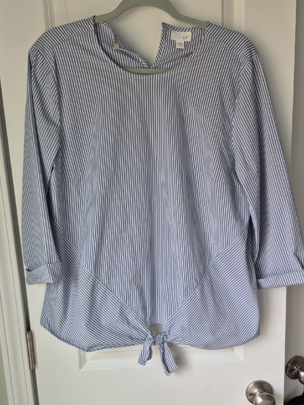 Ladies L-Tall blue & White Stripe Tie Bottom Blouse. 25" With Tie AND 23" P2P